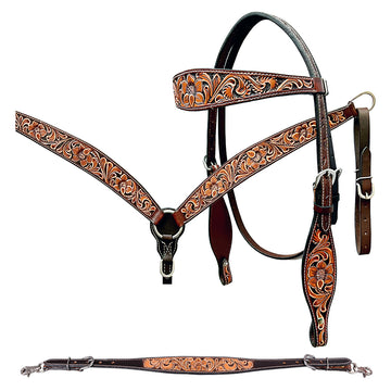 Bar H Equine Genuine Western American Leather Horse Premium Headstall & Breast Collar Set